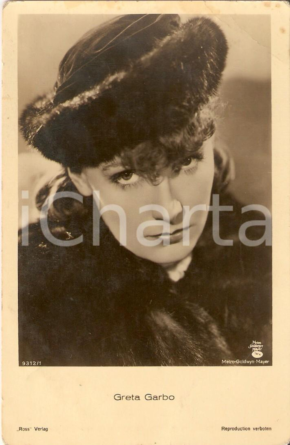 Cartolina originale da collezione 1936 CINEMA Attrice Greta GARBO indossa cappello di pelliccia Cartolina FP NV 1