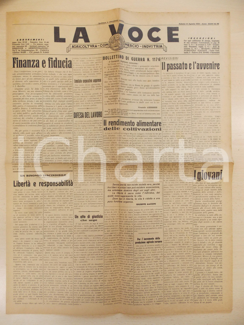 Giornale, rivista storica 1943 PADOVA LA VOCE Finanza e fiducia  Rendimento coltivazioni Giornale 1
