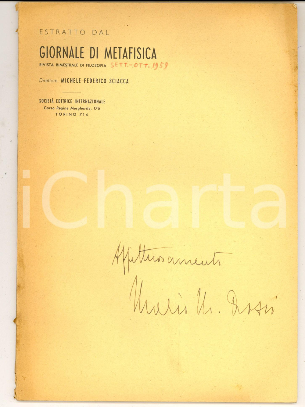 Libro, pubblicazione d epoca 1959 Mario Manlio ROSSI Per una teoria generale della logica Invio AUTOGRAFO 1