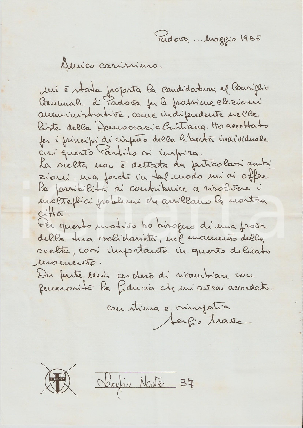 Materiale pubblicitario d’epoca 1985 PADOVA Sergio NAVE Candidato DC al consiglio comunale Lettera elettorale 1