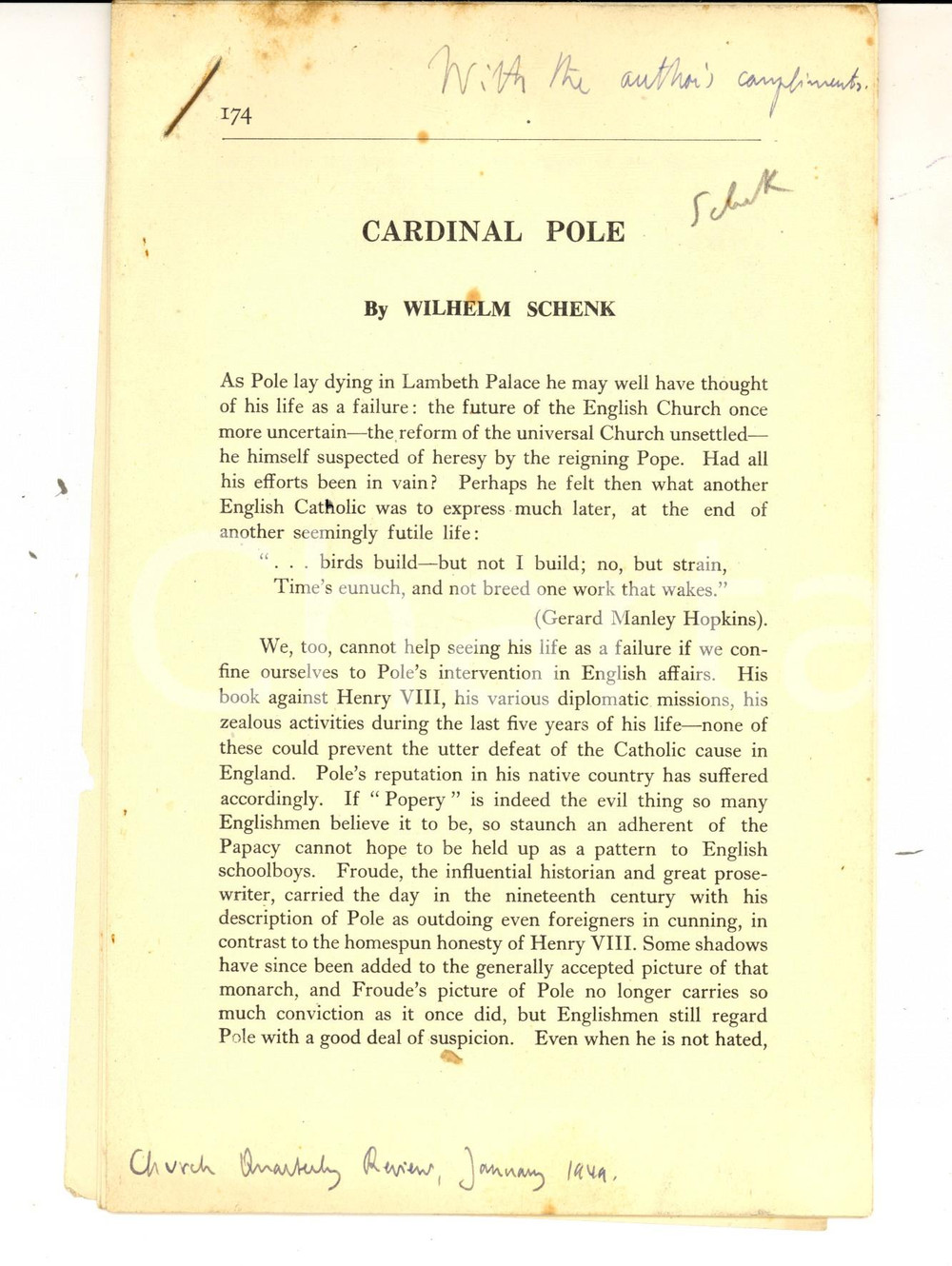 Libro, pubblicazione d epoca 1949 Wihelm SCHENK Cardinal Pole Estratto con invio autografo 10 pp. 1