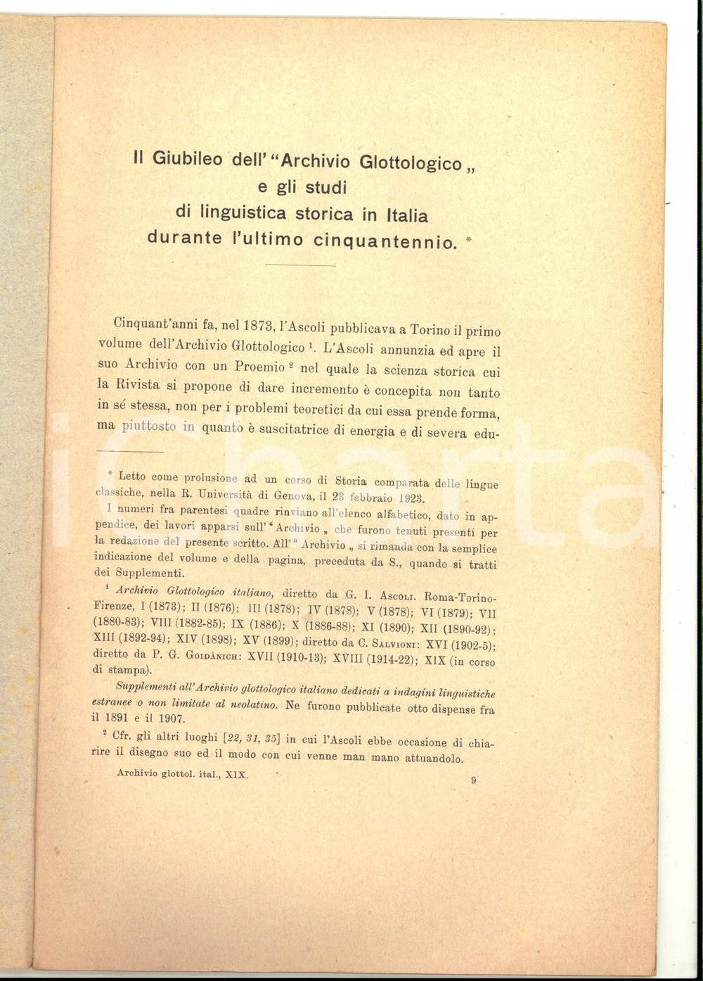 Libro, pubblicazione d epoca 1923 Benvenuto TERRACINI Il giubileo dell  Archivio Glottologico Estratto 1