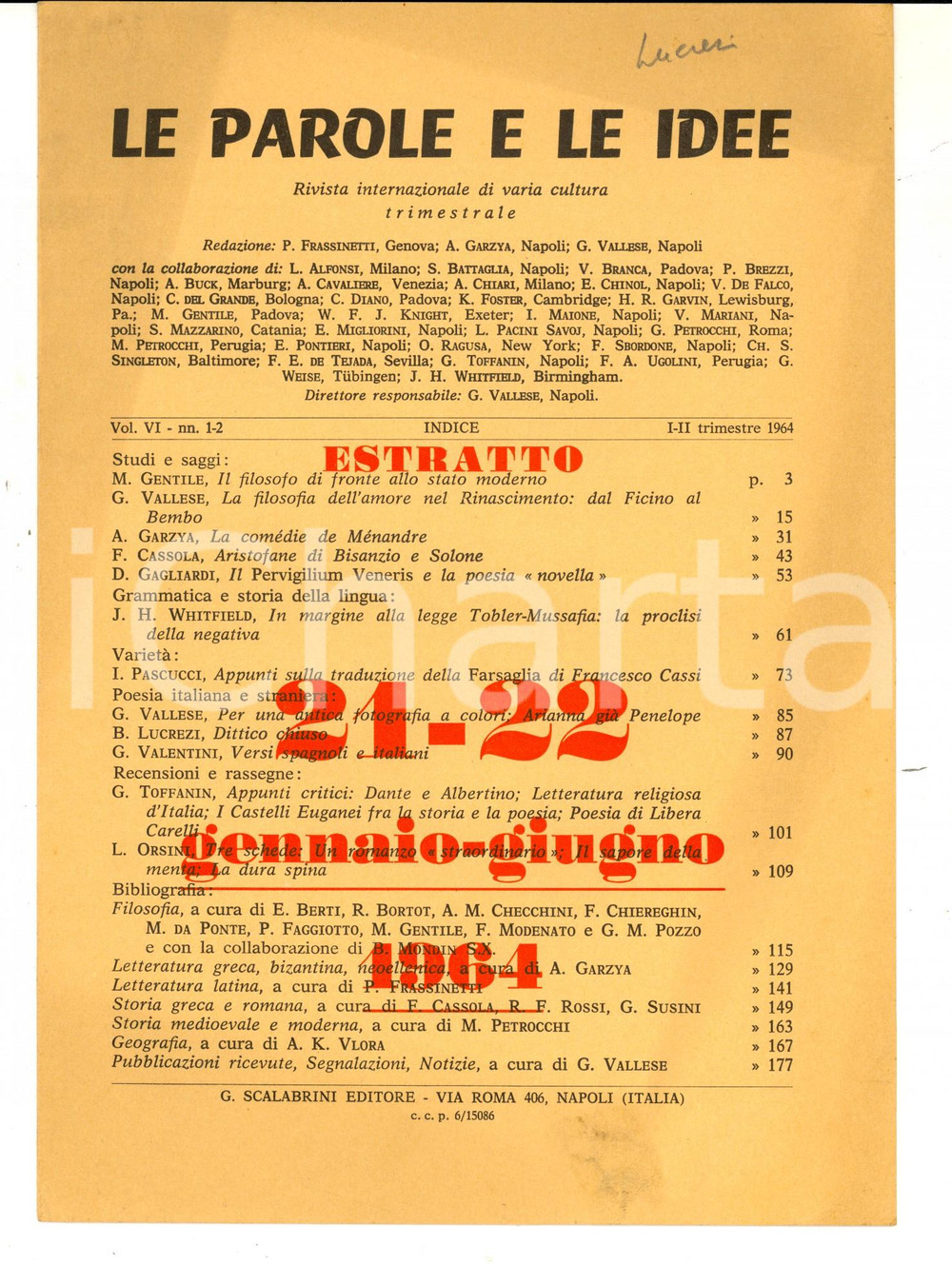 Libro, pubblicazione d epoca 1964 Bruno LUCREZI Dittico chiuso Estratto Le parole e le idee 4 pp. 1
