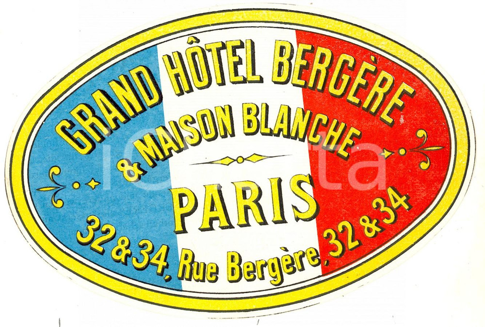 Materiale pubblicitario d’epoca 1920 ca PARIS Grand Hotel BERGERE & MAISON BLANCHE Etichetta 16x12 cm 1