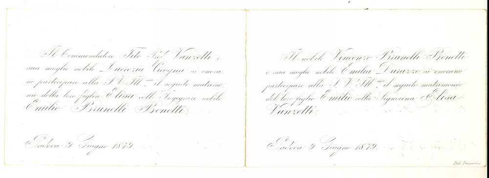Documento originale, autentico 1879 PADOVA Nozze Emilio BRUNELLI BONETTI  Elisa VANZETTI Partecipazione 1