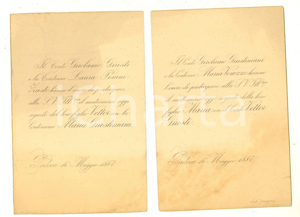 Documento originale, autentico 1887 PADOVA Nozze Vettor GIUSTI  Maria GIUSTINIANI Partecipazione DANNEGGIATA 1