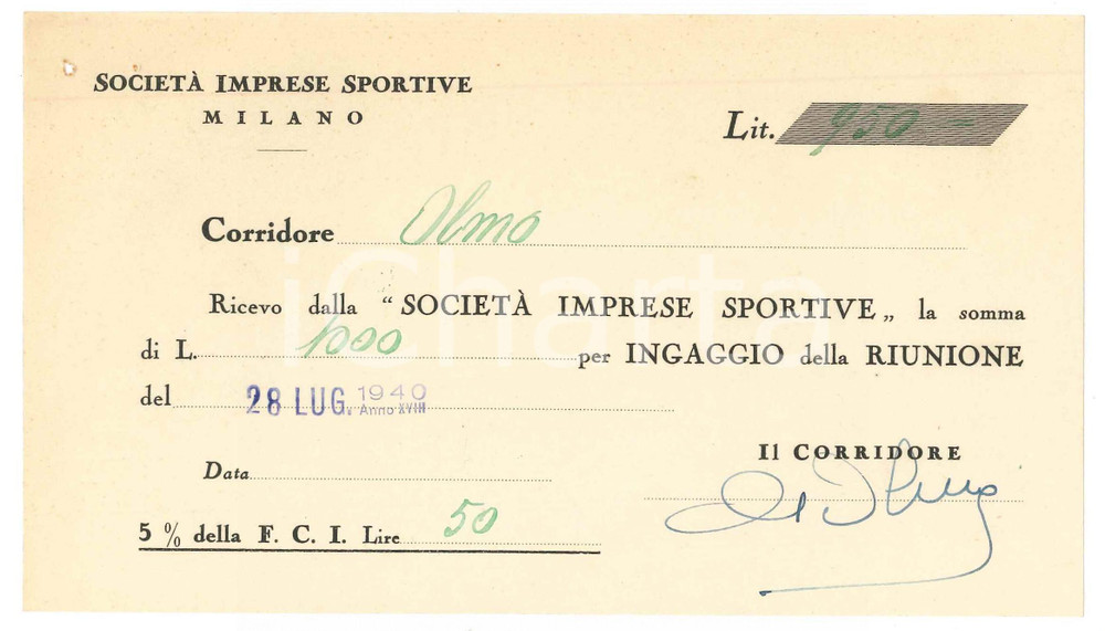 Autografo originale 1940 CICLISMO MILANO Ricevuta Giuseppe OLMO  Ingaggio per VIGORELLI  AUTOGRAFO 1