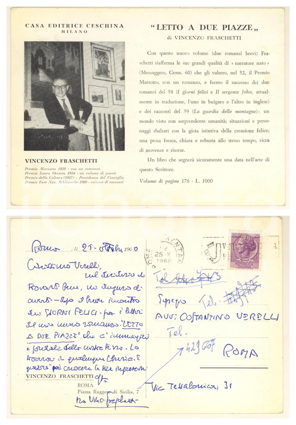 Autografo originale 1960 ROMA Cartolina Vincenzo FRASCHETTI Letto a due piazze AUTOGRAFO 1