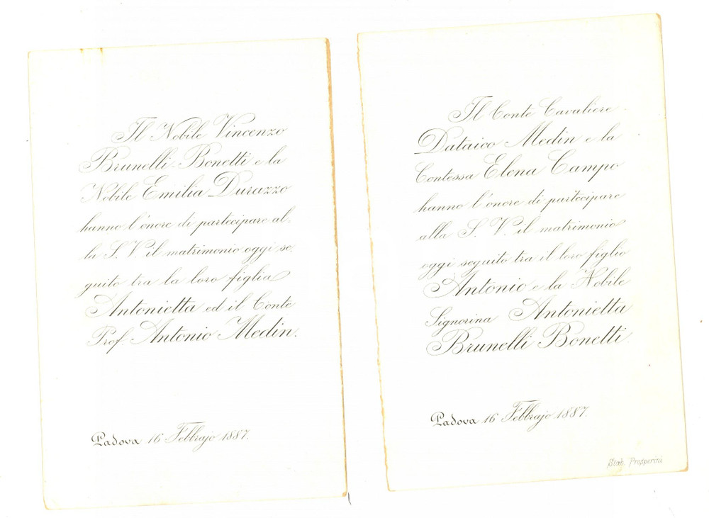 1887 PADOVA Nozze Antonio MEDIN - Antonietta BRUNELLI BONETTI *Partecipazione  