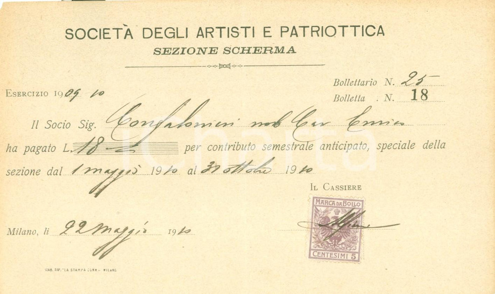Documento originale, autentico 1910 MILANO Società degli Artisti e Patriottica Ricevuta Enrico CONFALONIERI 1