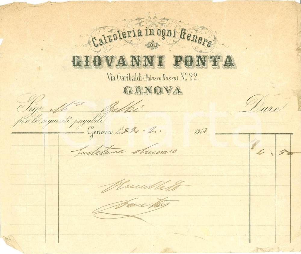 Documento originale, autentico 1914 GENOVA Giovanni PONTA Calzoleria in ogni genere Fattura DANNEGGIATA 1