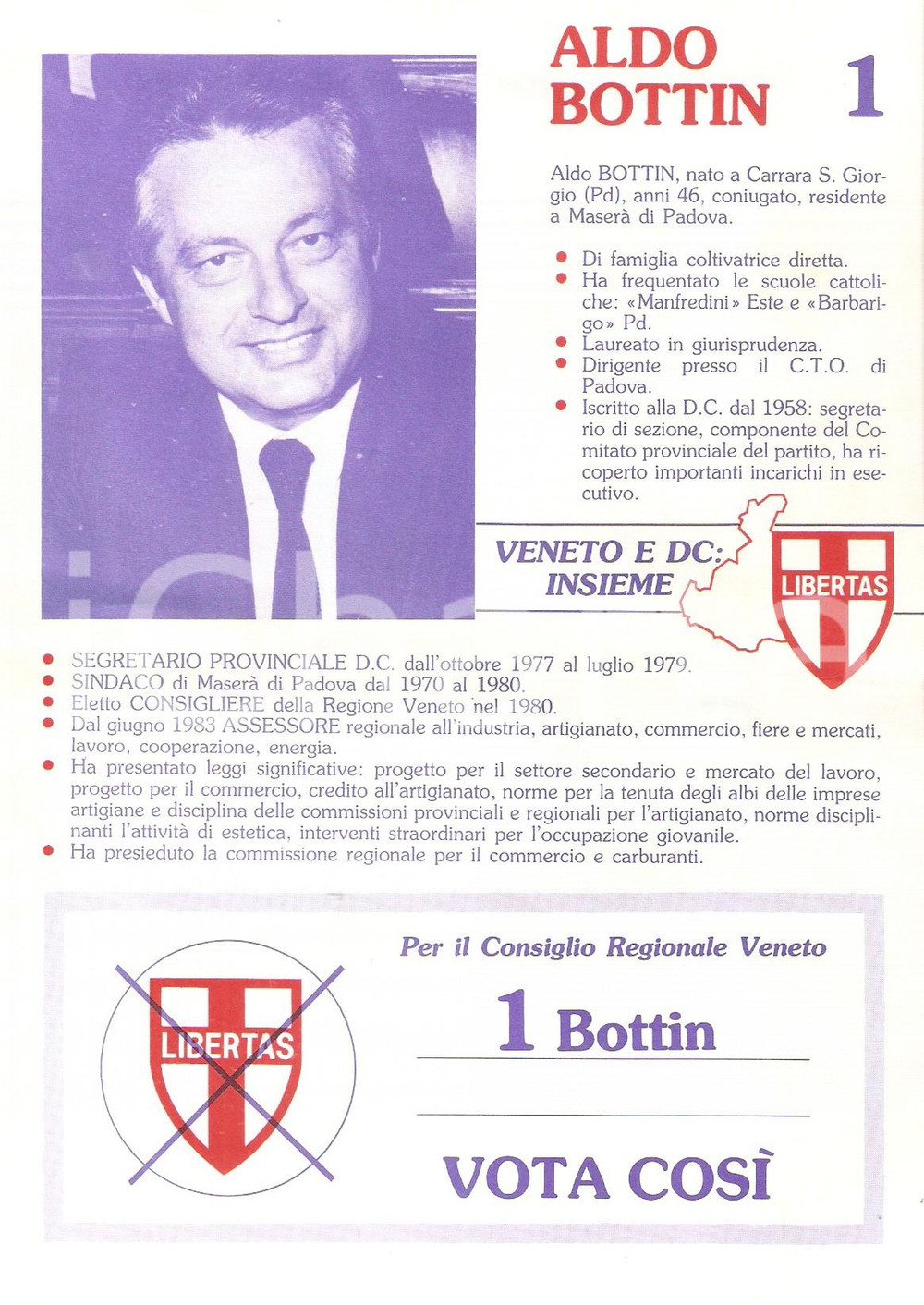 Materiale pubblicitario d’epoca 1985 DEMOCRAZIA CRISTIANA Aldo BOTTIN Candidato elezioni regionali VENETO 2 1