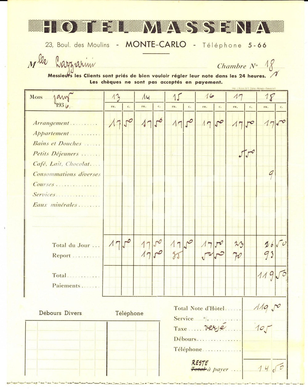 Documento originale, autentico 1936 MONTECARLO Hotel MASSENA  Conto della camera Carta intestata 1 1