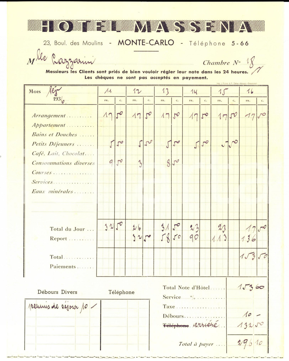 Documento originale, autentico 1936 MONTECARLO Hotel MASSENA  Conto della camera Carta intestata 3 1