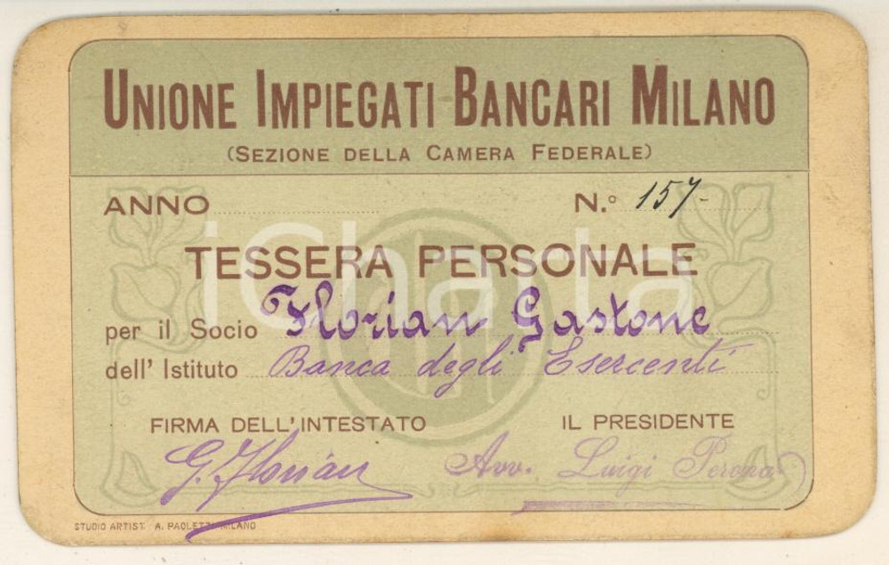 Oggetto da collezione cartaceo 1912 MILANO Unione Impiegati Bancari  Tessera Gastone FLORIAN Banca Esercenti 1