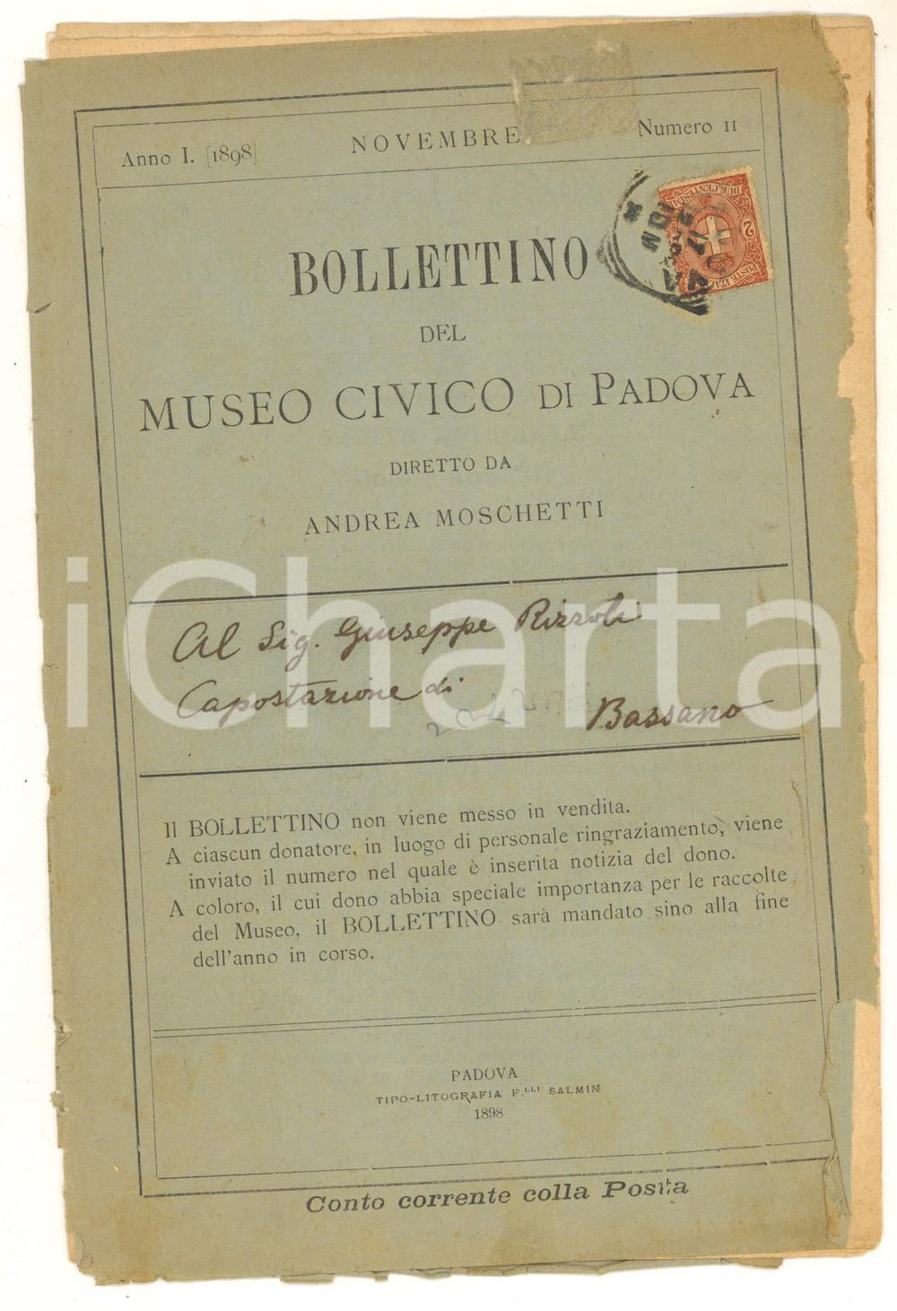 Libro, pubblicazione d epoca 1898 Bollettino MUSEO CIVICO DI PADOVA  Doni e acquisti Anno I nÂ° II 1