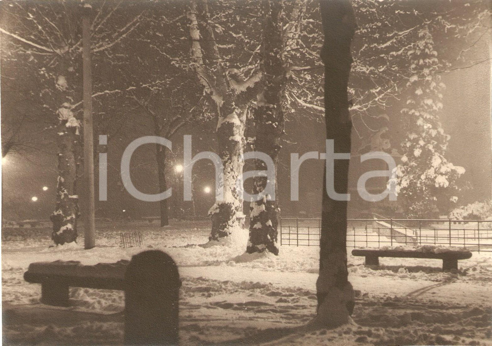 Fotografia d epoca originale 1950 ca SARONNO VA Il parco di via IÂ° Maggio sotto la neve Foto 20x14 cm 1