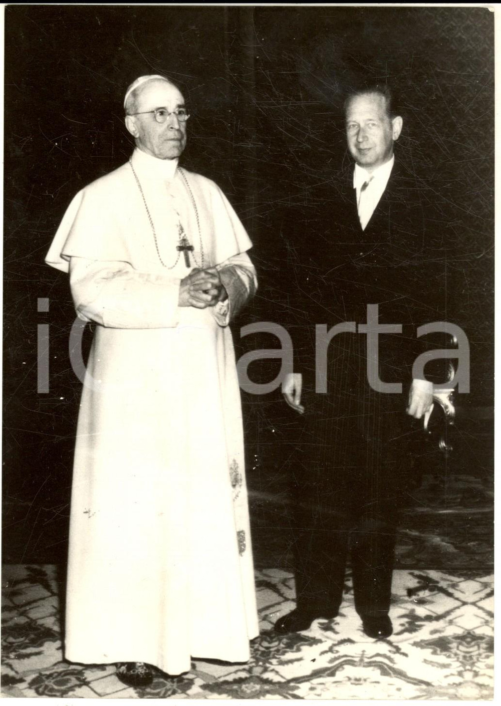 Fotografia d epoca originale 1957 ROMA Papa PIO XII riceve Dag HAMMARSKJOLD segretario ONU Foto 14x18 cm 1