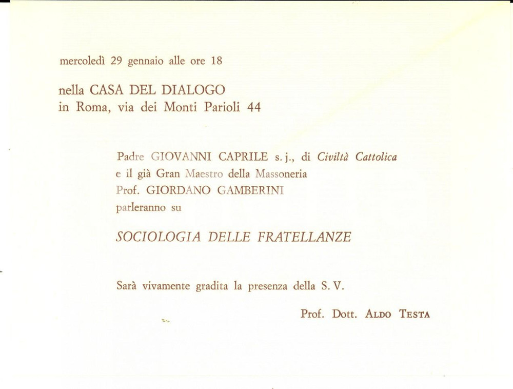 Documento originale, autentico 1975 ROMA Casa del Dialogo  Invito incontro padre CAPRILE  Giordano GAMBERINI 1