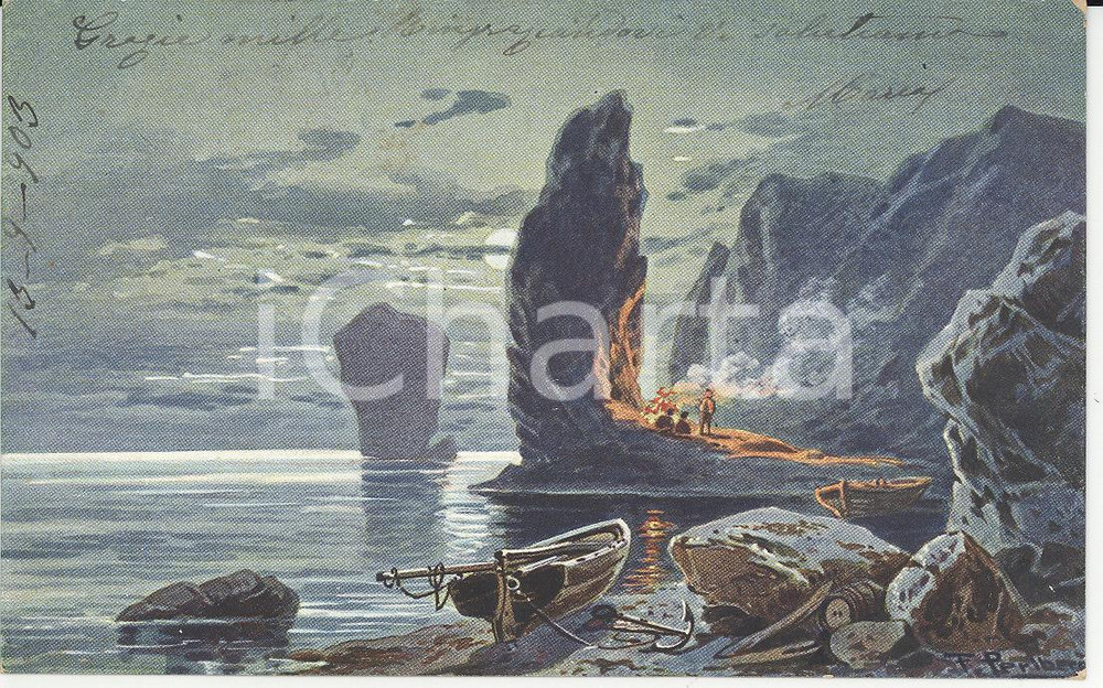 Cartolina originale da collezione 1903 ARTE Naufraghi accendono fuoco di segnalazione Cartolina ILLUSTRATA FP VG 1