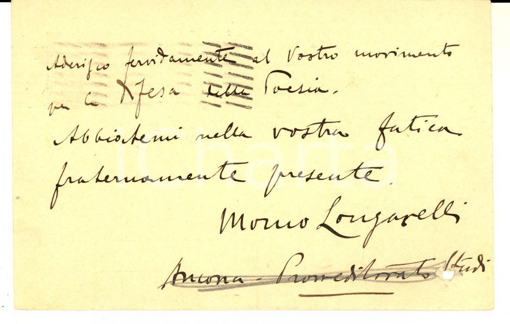 Autografo originale 1925 ANCONA Adesione Momo LONGARELLI a La difesa della poesia Autografo 1