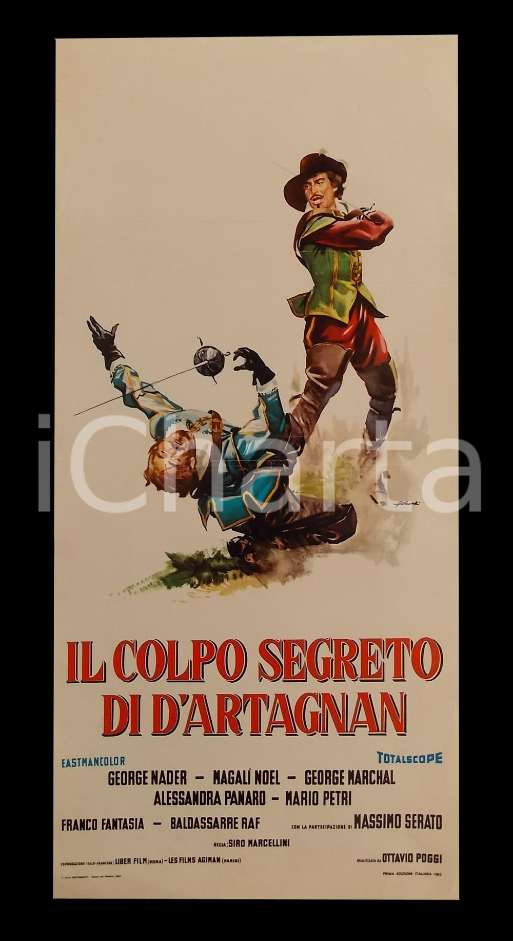 Materiale cinematografico d’epoca 1962 IL COLPO SEGRETO DI D ARTAGNAN George NADER Magali NOEL Manifesto 32x70 cm 1