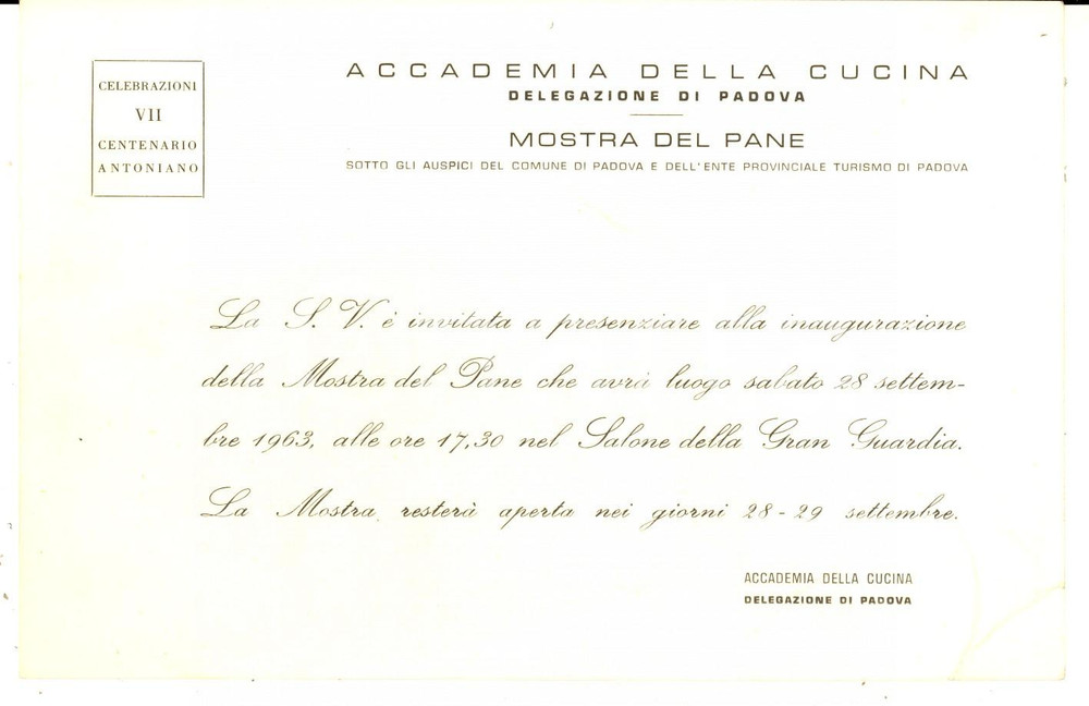 Oggetto da collezione cartaceo 1963 PADOVA Accademia della Cucina  Invito inaugurazione Mostra del Pane 1