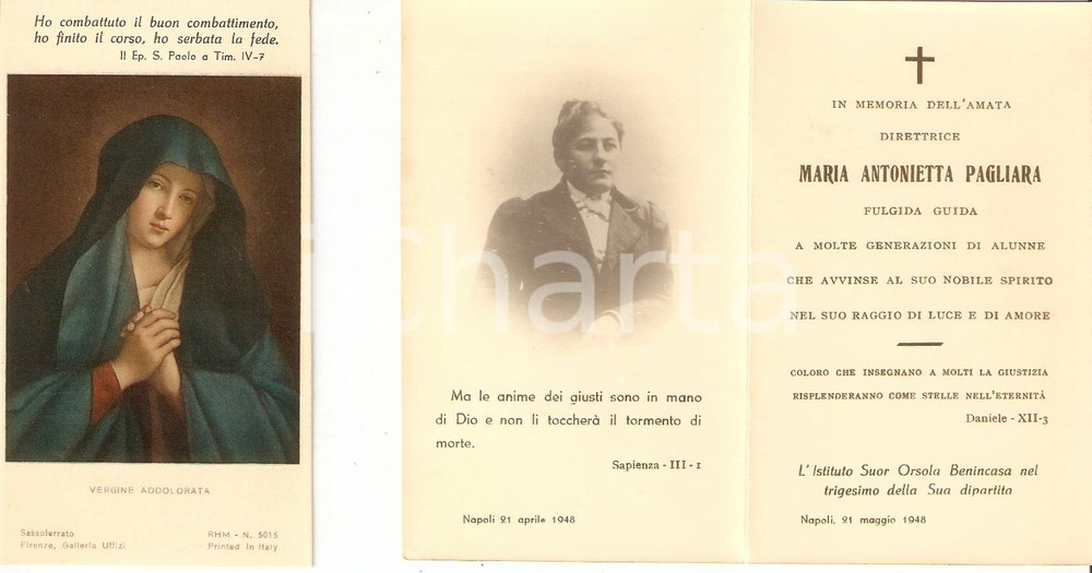 Oggetto da collezione cartaceo 1948 NAPOLI Istituto Suor Orsola BENINCASA In memoria Maria Antonietta PAGLIARA 1