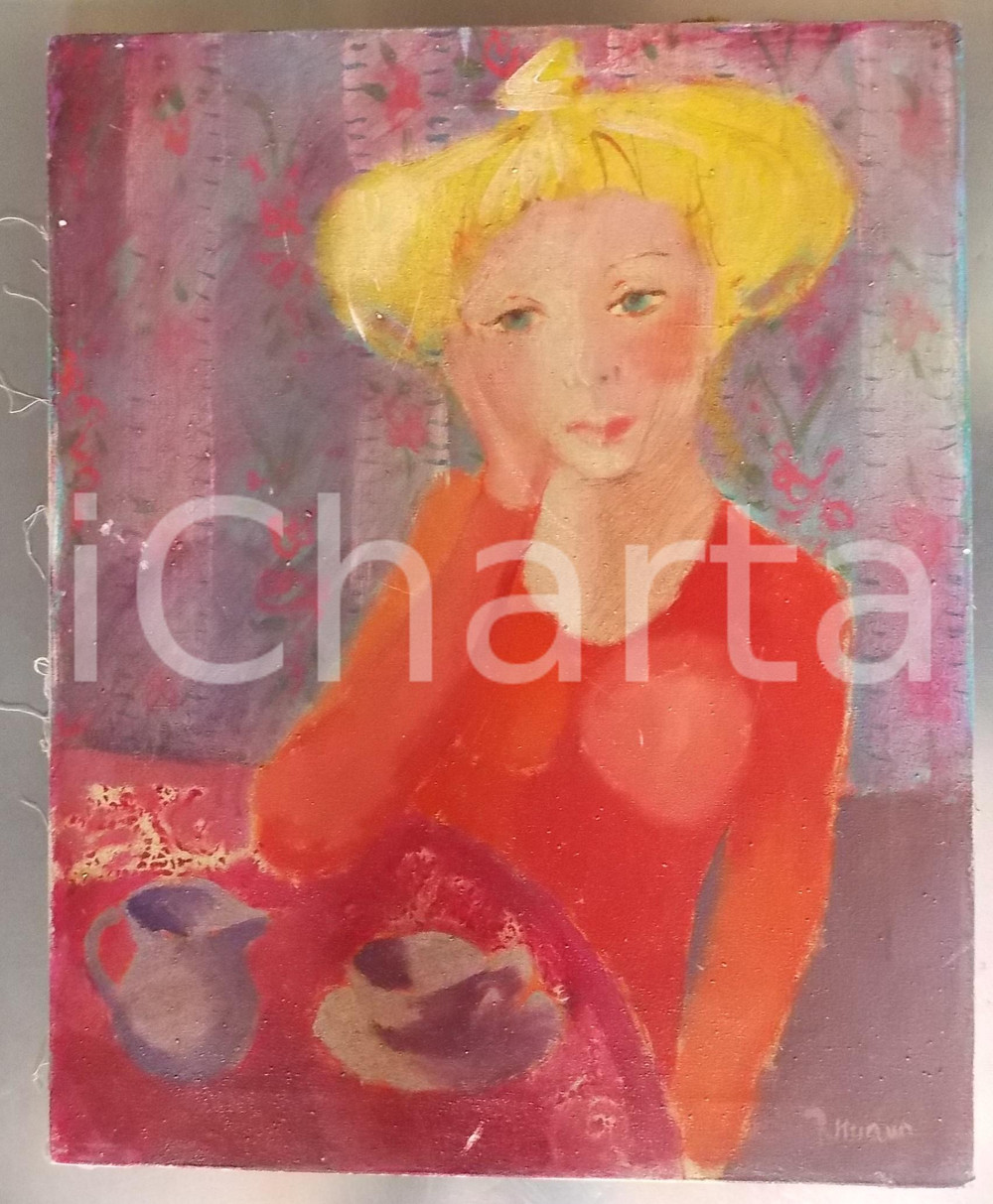 Opera d’arte autentica 1970 ARTE Daniela Romano  Fanciulla al tavolino  olio su tela 40x50 1