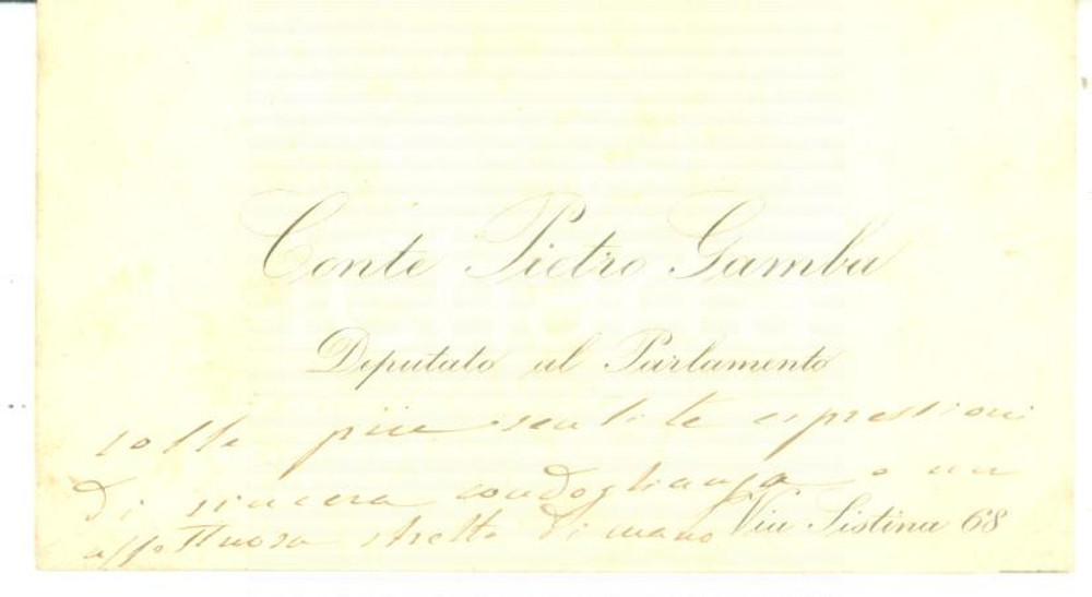 Autografo originale 1890 ca ROMA Condoglianze on. Pietro GAMBA  Biglietto da visita autografo 1