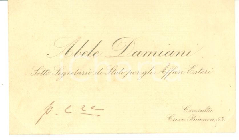 Autografo originale 1890 ca ROMA Condoglianze sottosegretario Abele DAMIANI  Biglietto autografo 1