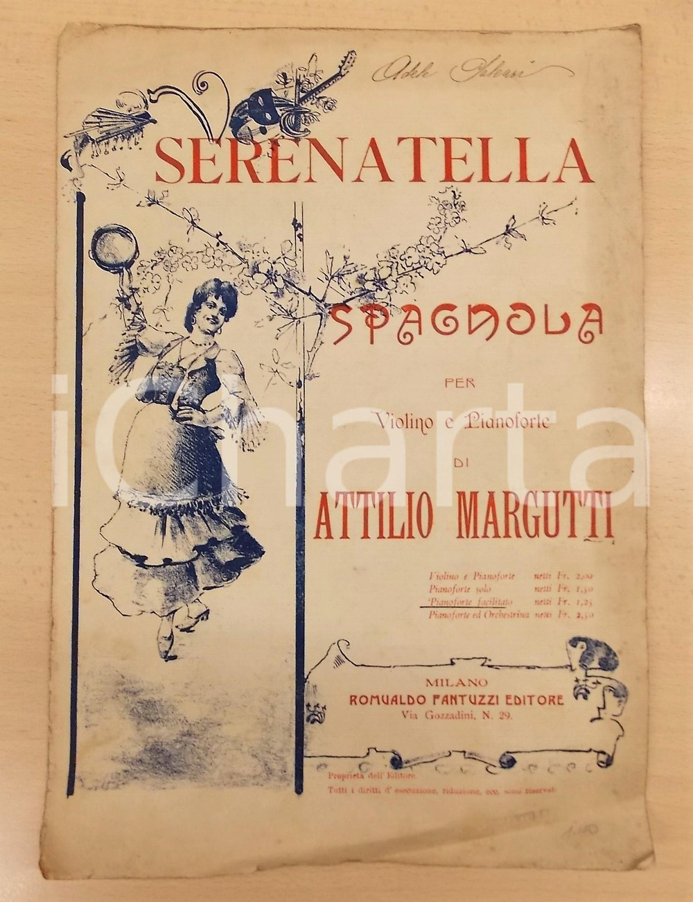 Oggetto da collezione cartaceo 1900 ca Attilio MARGUTTI Serenatella spagnola  Violino e pianoforte FANTUZZI 1