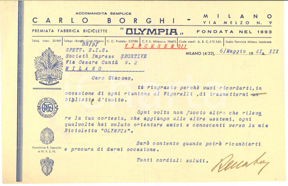 Manoscritto, lettera originale 1941 MILANO CICLISMO Lettera Carlo BORGHI Fabbrica Biciclette per invito 1