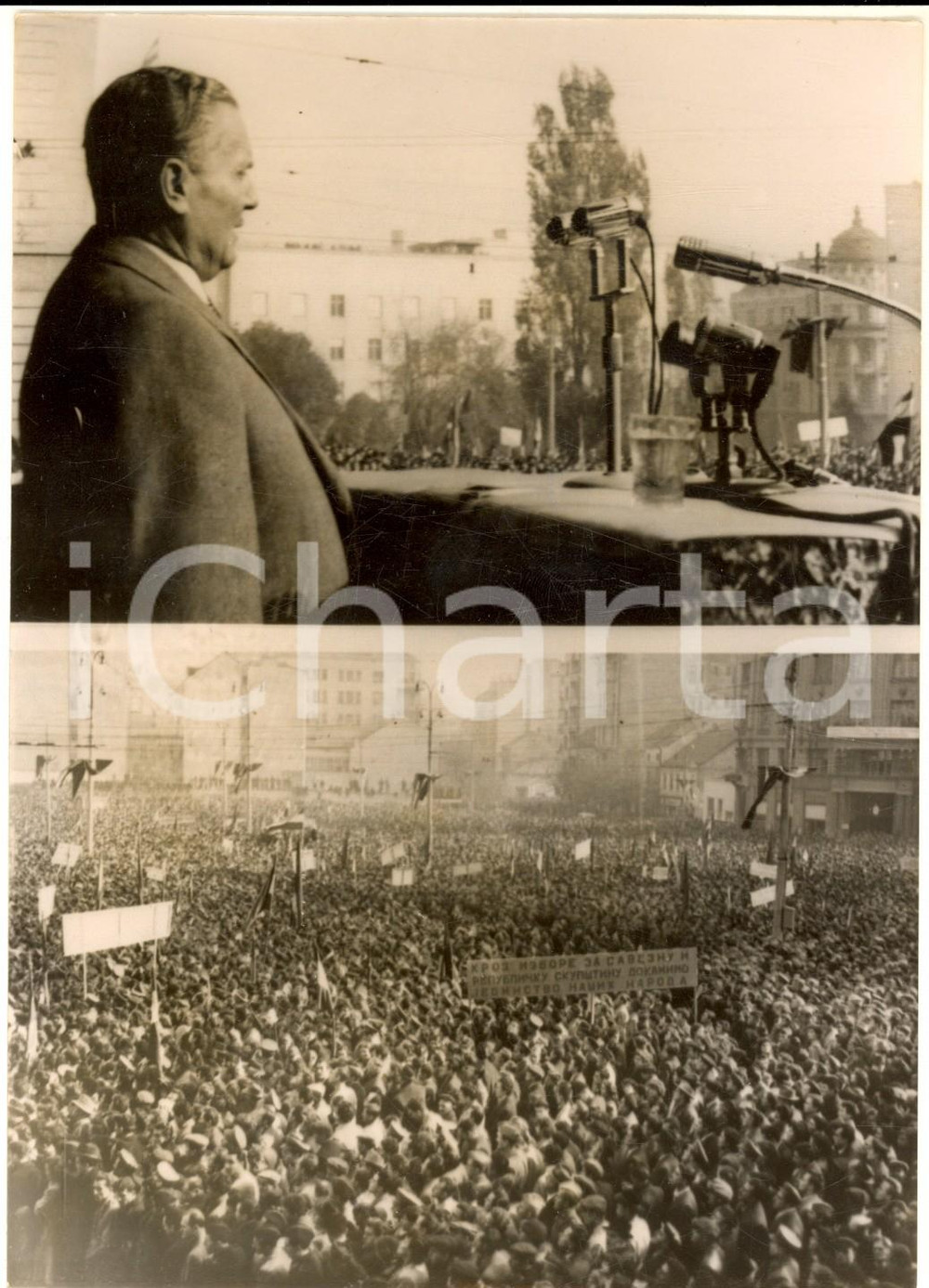 Fotografia d epoca originale 1955 ca BELGRADO Discorso maresciallo TITO davanti a 25.000 persone Foto 13x18 1