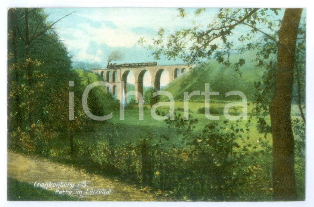 Cartolina originale da collezione 1910 ca FRANKENBERG Transito del treno sul cavalcavia Cartolina ANIMATA 1