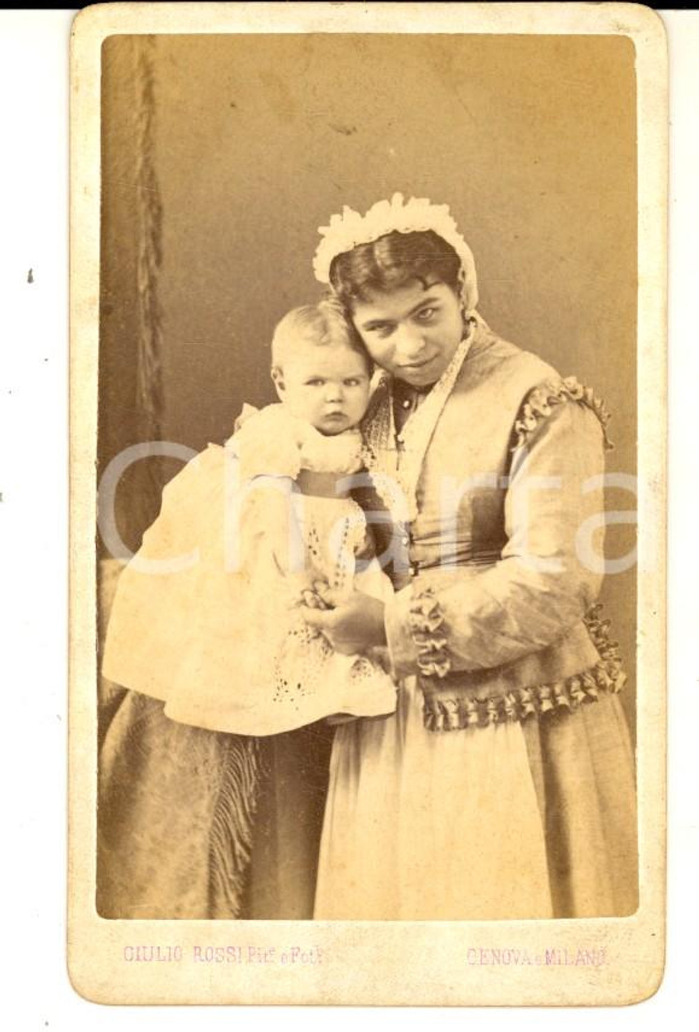 Fotografia d epoca originale 1880 ca MILANO Ritratto di Giovanni FERRARI con la balia  Foto Giulio ROSSI CDV 1