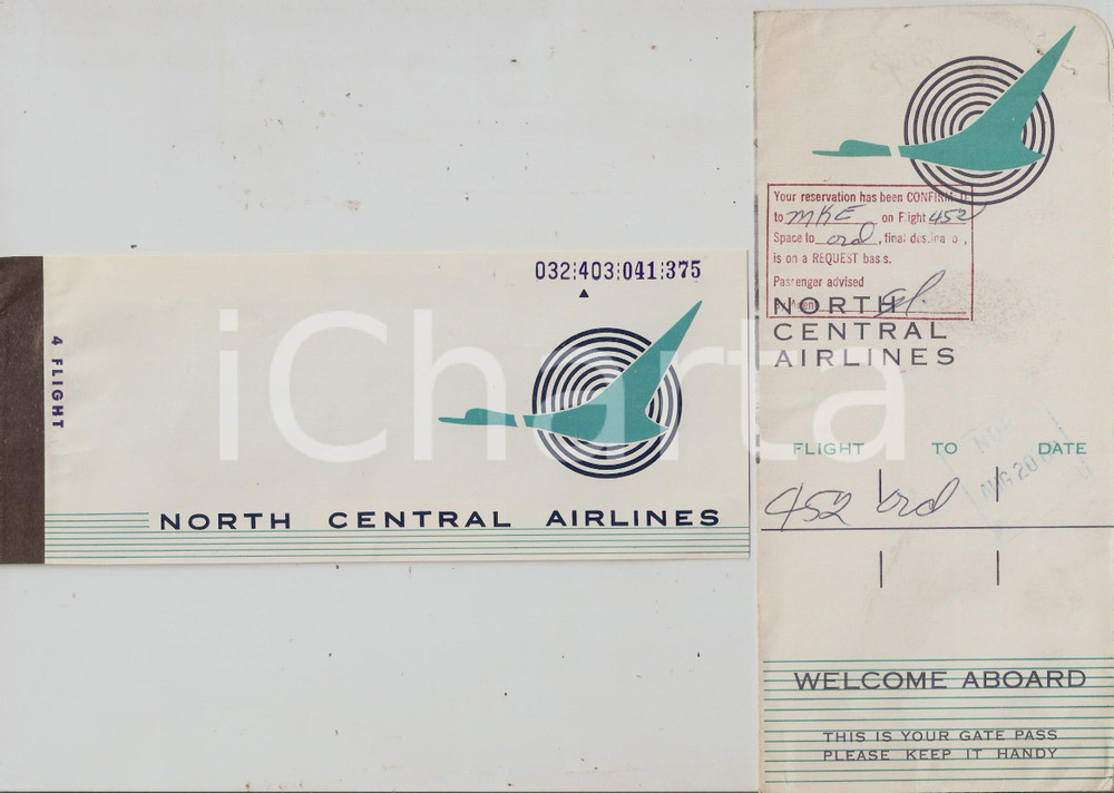 Oggetto da collezione cartaceo 1964 NORTH CENTRAL AIRLINES Empty carnet for 4 flights Biglietto aereo 9x21 cm 1