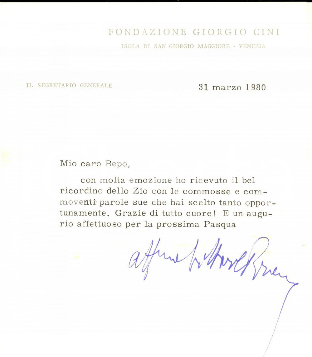 Autografo originale 1980 VENEZIA Fondazione CINI  Vittore BRANCA per ringraziamento Autografo 1
