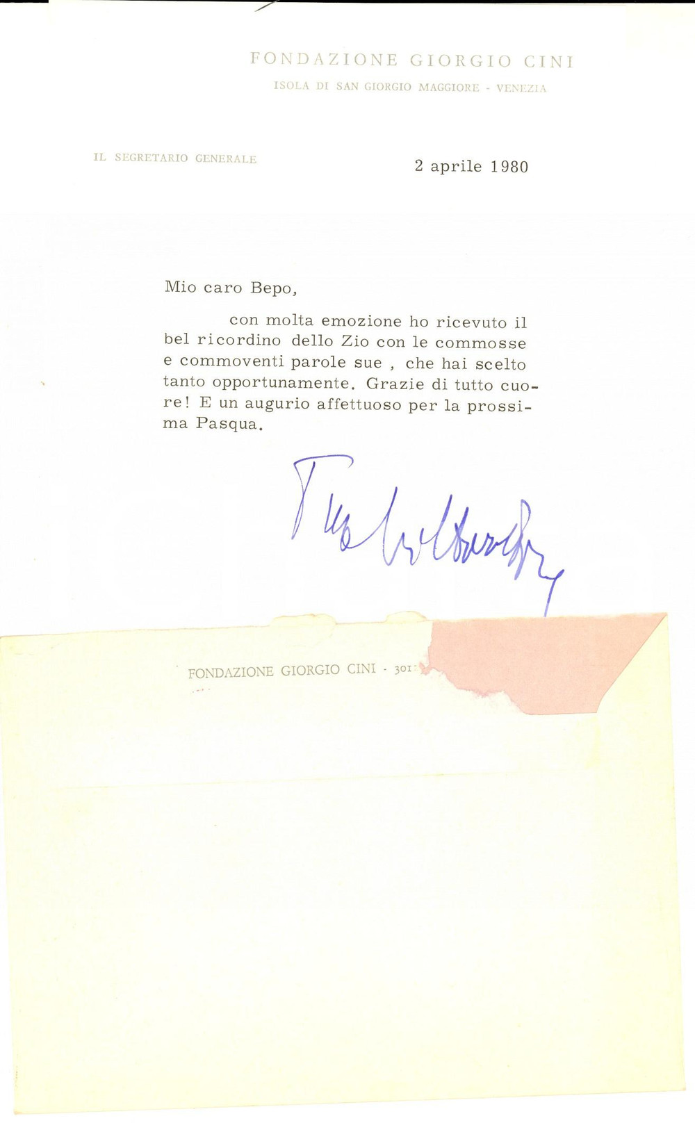 Autografo originale 1980 VENEZIA Fondazione CINI  Vittore BRANCA per ringraziamento  Autografo 1