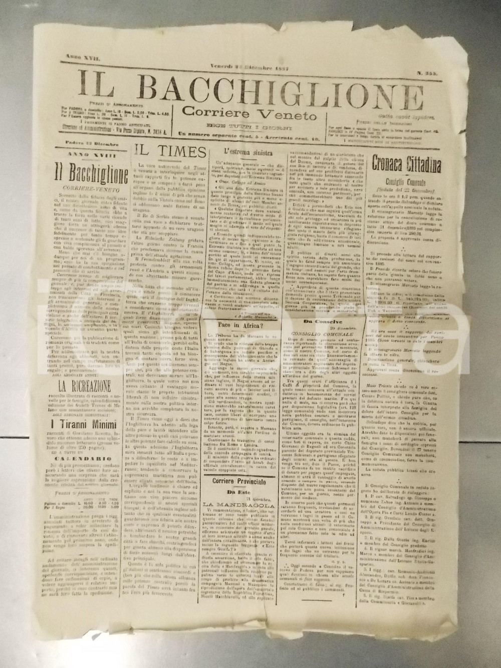 Giornale, rivista storica 1887 IL BACCHIGLIONE L Inghilterra neutrale  Nomine locali a Padova  Giornale 1