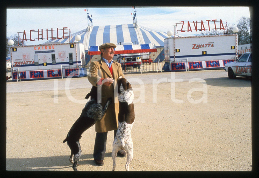 Fotografia d epoca originale 35mm vintage slide1990ca FRANCIA CIRCO Achille ZAVATTA con i suoi cani Ritratto 1