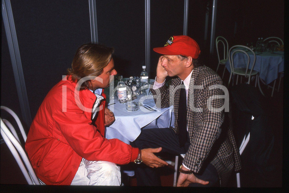Fotografia d epoca originale 35mm vintage slide 1988 AIRC Gara beneficenza Keke ROSBERG con Niki LAUDA 2 1