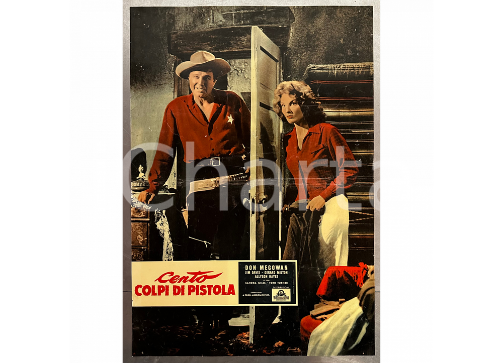1958 CENTO COLPI DI PISTOLA Don MEGOWAN Jim DAVIS Lobby card WESTERN (3) Lobby card d'epoca, originale e autentica.   POOR/danneggiato piegatura centrale, forellini da affissione, gualciture diffuse Formato: 46x66 cm originale e autentica 1