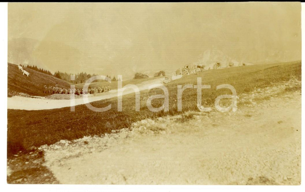 Fotografia d epoca originale 1916 WW1 ZONA DI GUERRA Battaglione e automezzi in pascolo di montagna FOTO 12x9 1