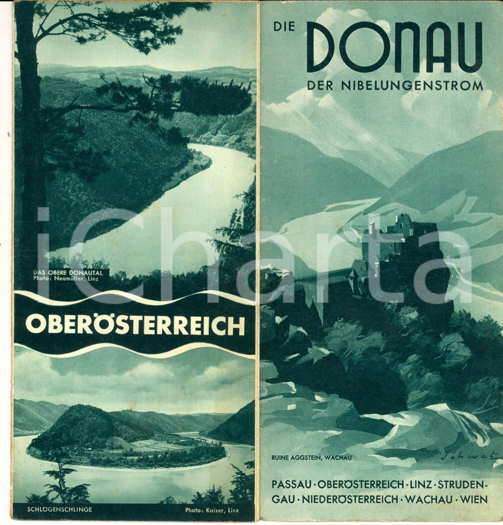 1950 ca Die DONAU der NIBELUNGENSTROM Pieghevole TURISMO ILLUSTRATO vintage