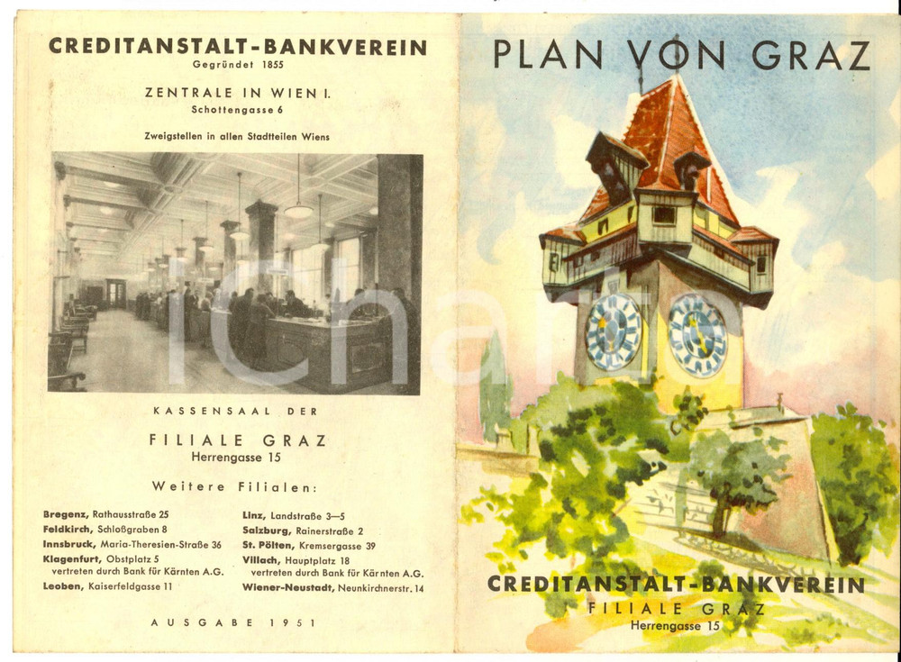 1951 Plan von GRAZ (OSTERREICH) Vintage brochure - CREDITANSTALT - BANKVEREIN