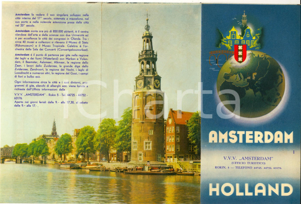 Materiale pubblicitario d’epoca 1955 ca AMSTERDAM HOLLAND Pieghevole con mappa a colori VINTAGE 1