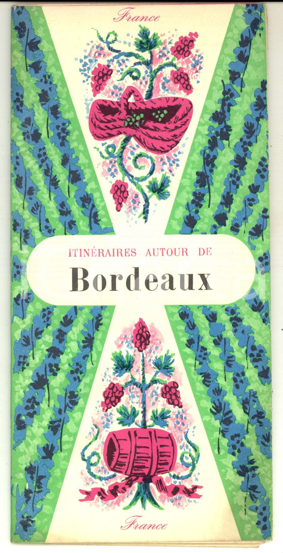 Materiale pubblicitario d’epoca 1956 ItinÃ©raires autour de BORDEAUX FRANCE Pieghevole ILLUSTRATO con mappa 1