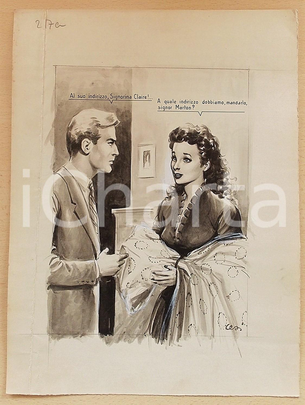Opera d’arte autentica 1955 ca BOZZETTO ORIGINALE Ragazza riceve vestito in regalo Illustrazione CESI 1