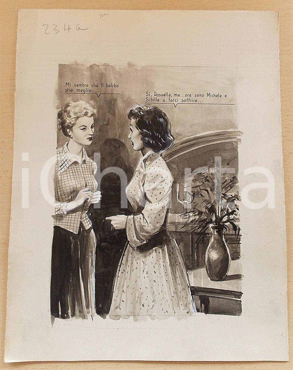 1955 ca BOZZETTO ORIGINALE Madre e figlia preoccupate per il capofamiglia *CESI